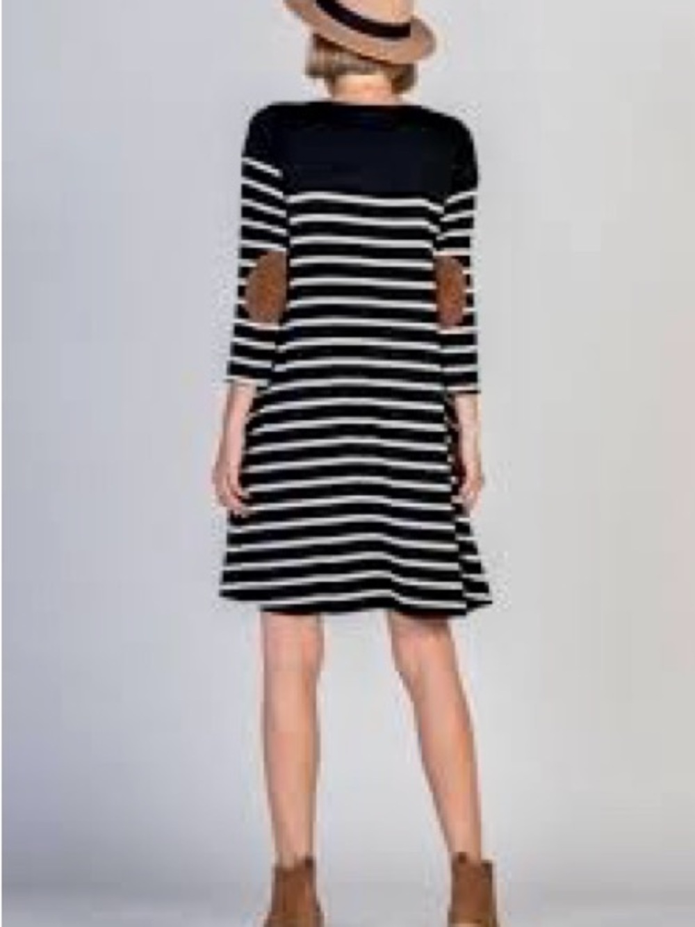 Striped Black & White A-Line Dress with Brown Elbow Patches
